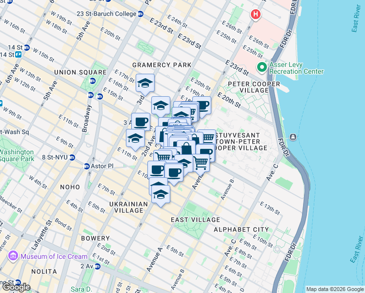 map of restaurants, bars, coffee shops, grocery stores, and more near 390 East 14th Street in New York