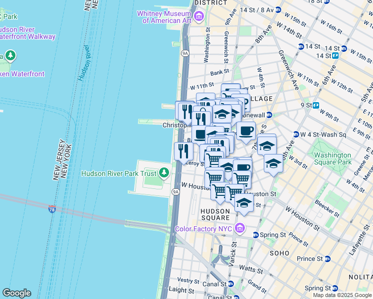 map of restaurants, bars, coffee shops, grocery stores, and more near 100 Morton Street in New York