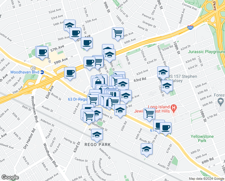 map of restaurants, bars, coffee shops, grocery stores, and more near 97-25 63rd Drive in Queens