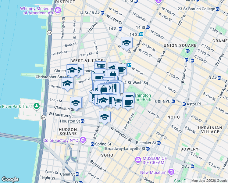 map of restaurants, bars, coffee shops, grocery stores, and more near 272 6th Avenue in New York