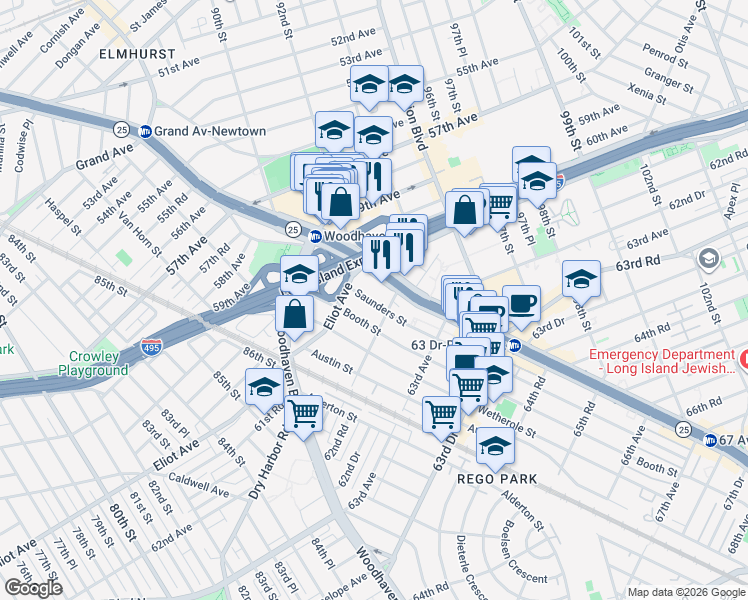 map of restaurants, bars, coffee shops, grocery stores, and more near 98-20 62nd Drive in Queens
