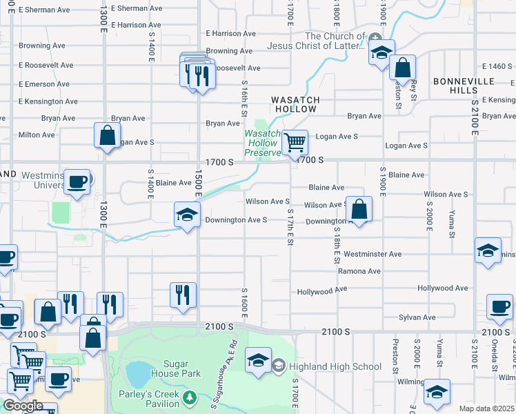 map of restaurants, bars, coffee shops, grocery stores, and more near 1626 Wilson Avenue in Salt Lake City