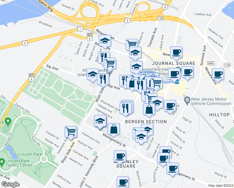 map of restaurants, bars, coffee shops, grocery stores, and more near 21 Van Wagenen Avenue in Jersey City