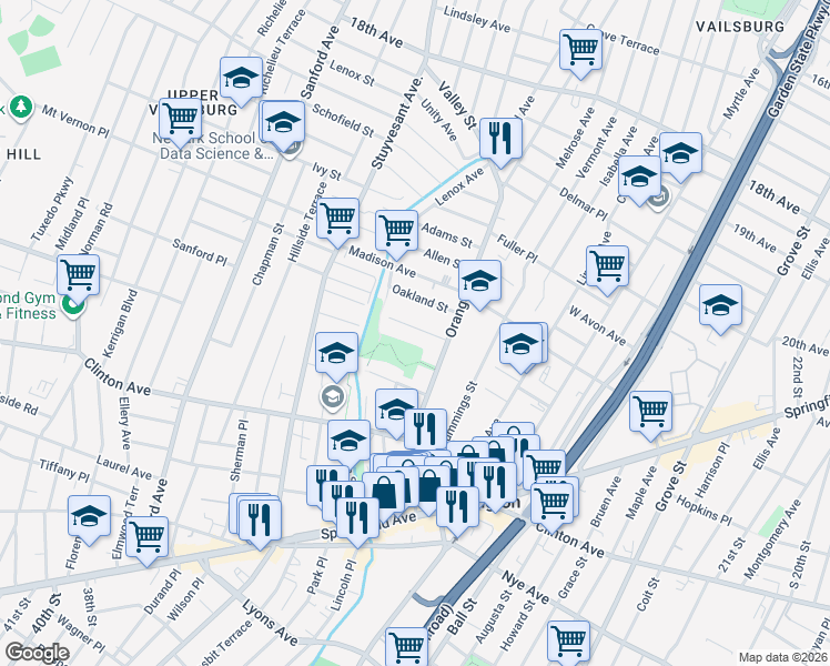 map of restaurants, bars, coffee shops, grocery stores, and more near 31 Rich Street in Irvington