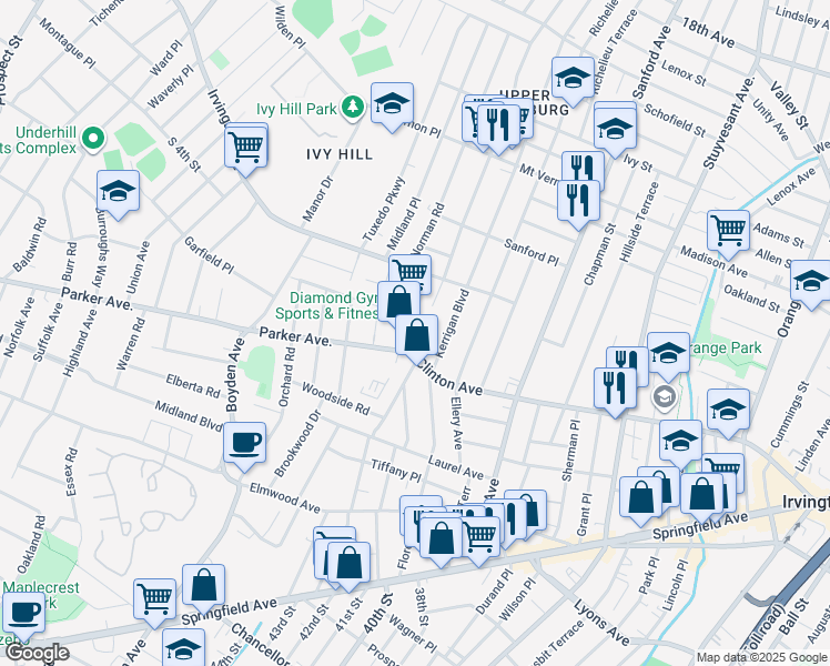 map of restaurants, bars, coffee shops, grocery stores, and more near 151 Clinton Avenue in Irvington