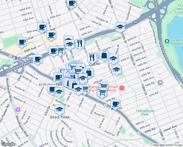 map of restaurants, bars, coffee shops, grocery stores, and more near 9851 64th Avenue in Queens