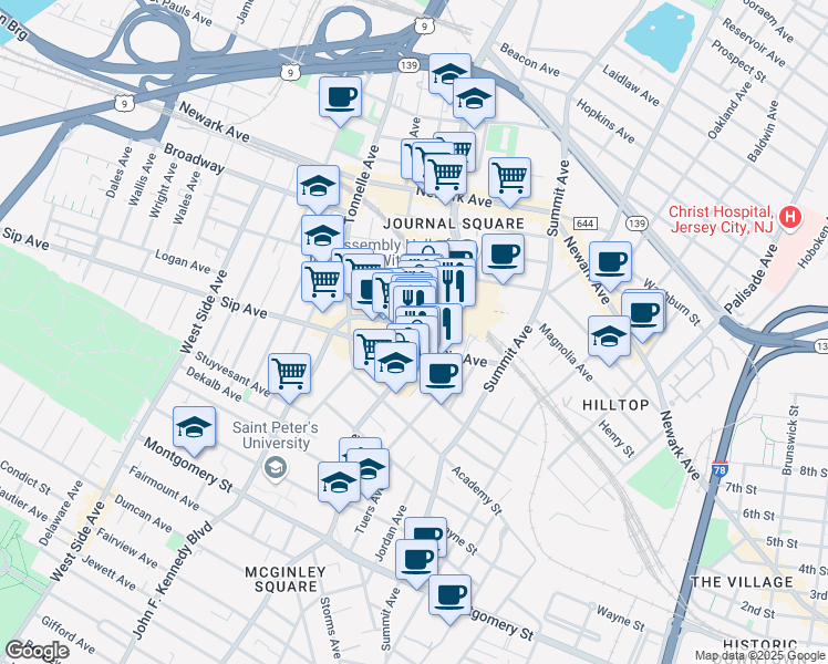 map of restaurants, bars, coffee shops, grocery stores, and more near 41 Journal Square Plaza in Jersey City