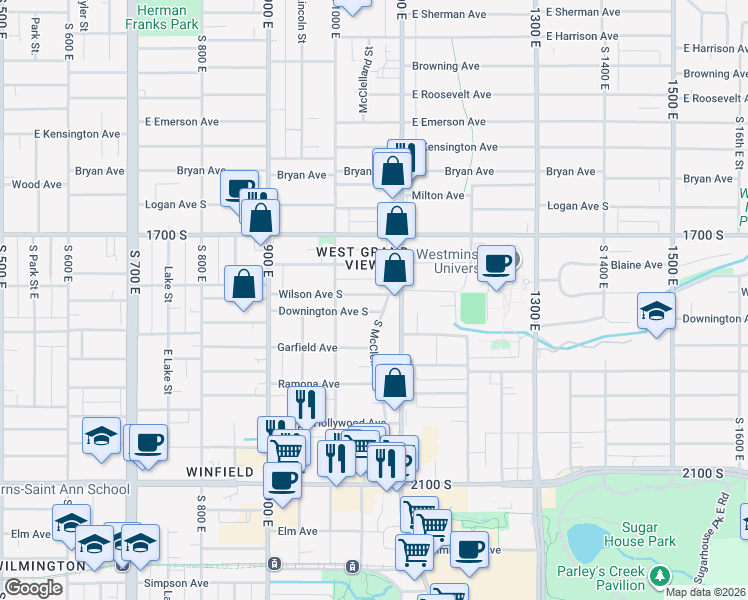 map of restaurants, bars, coffee shops, grocery stores, and more near 1044 Downington Avenue South in Salt Lake City