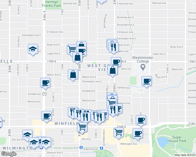 map of restaurants, bars, coffee shops, grocery stores, and more near 1812 South 1000 East in Salt Lake City