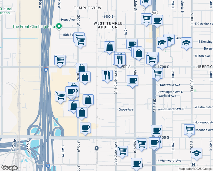 map of restaurants, bars, coffee shops, grocery stores, and more near 1812 South West Temple in Salt Lake City
