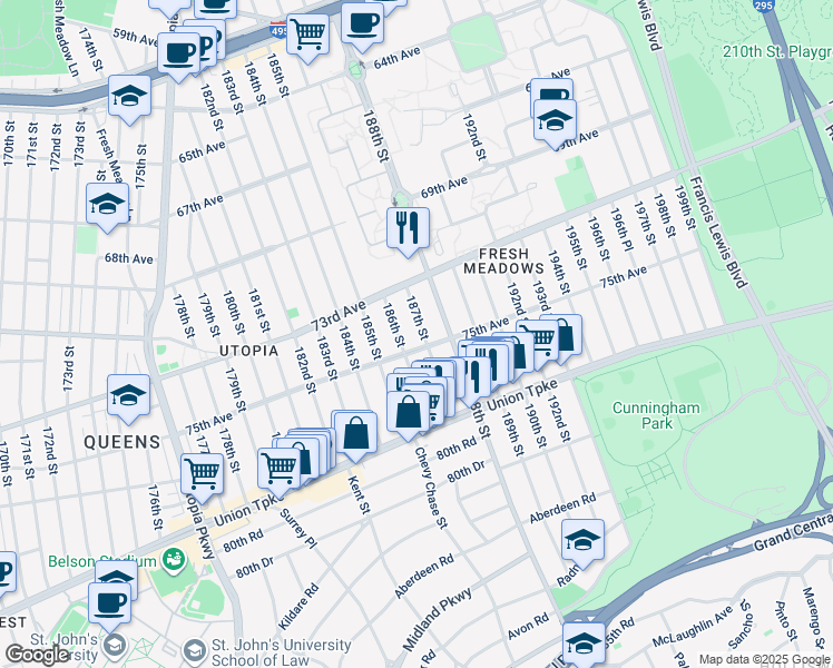 map of restaurants, bars, coffee shops, grocery stores, and more near 73-60 187th Street in Queens