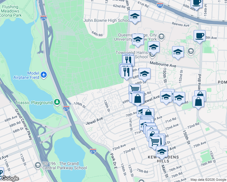 map of restaurants, bars, coffee shops, grocery stores, and more near 138-50 68th Drive in Queens