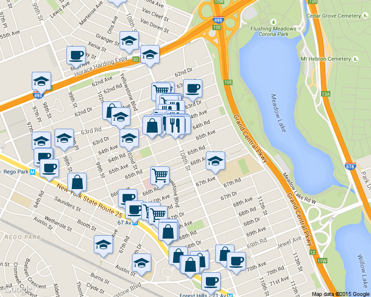 map of restaurants, bars, coffee shops, grocery stores, and more near in Queens