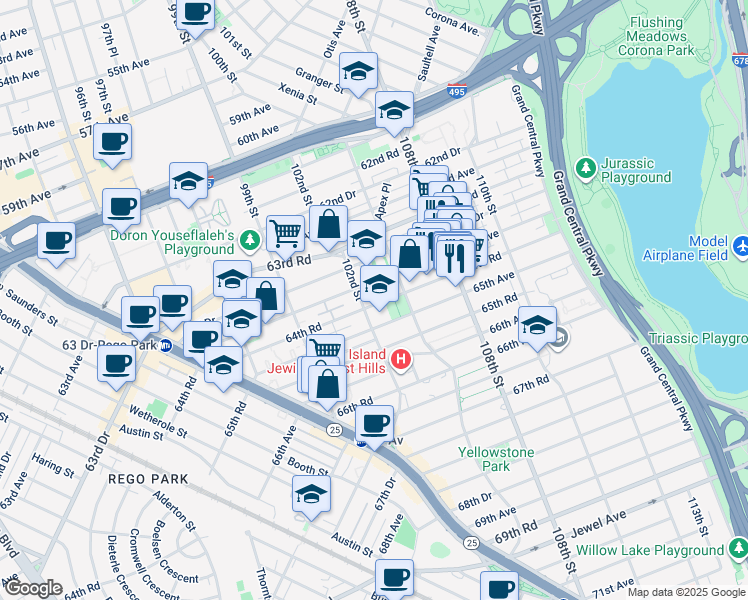 map of restaurants, bars, coffee shops, grocery stores, and more near 64-35 102nd Street in Queens