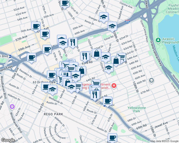 map of restaurants, bars, coffee shops, grocery stores, and more near in Queens