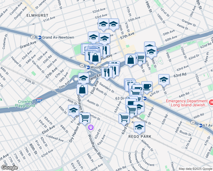 map of restaurants, bars, coffee shops, grocery stores, and more near 98-20 62nd Drive in Queens