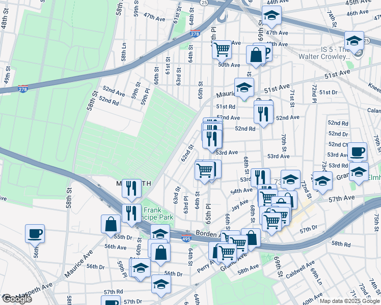 map of restaurants, bars, coffee shops, grocery stores, and more near 53-58 62nd Street in Queens