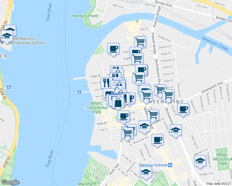 map of restaurants, bars, coffee shops, grocery stores, and more near 170 Franklin Street in Brooklyn