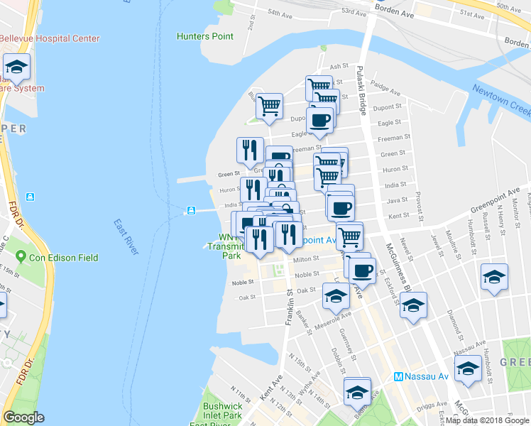 map of restaurants, bars, coffee shops, grocery stores, and more near 122 West Street in Brooklyn
