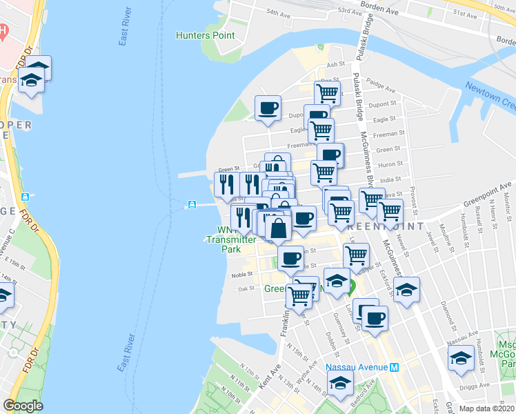 map of restaurants, bars, coffee shops, grocery stores, and more near 122 West Street in Brooklyn