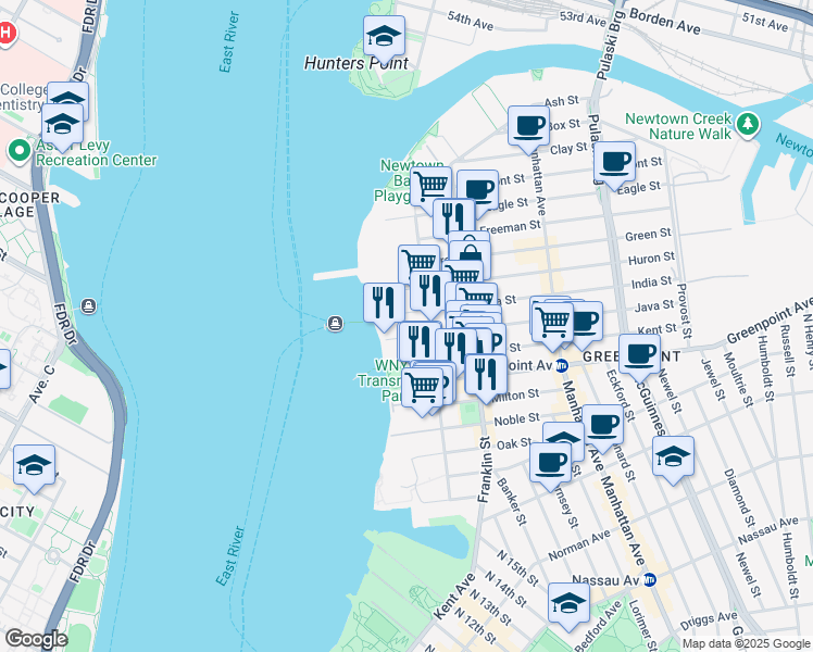 map of restaurants, bars, coffee shops, grocery stores, and more near 8-12 Java Street in Brooklyn