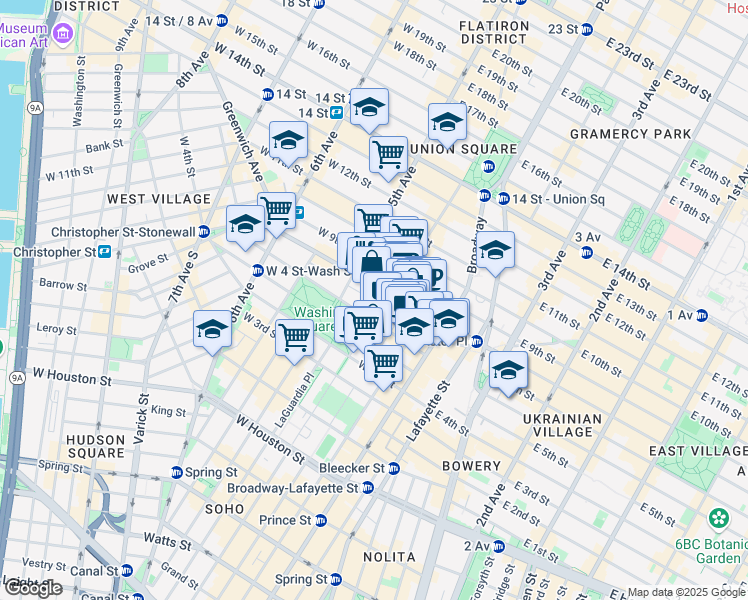 map of restaurants, bars, coffee shops, grocery stores, and more near 29 Waverly Place in New York