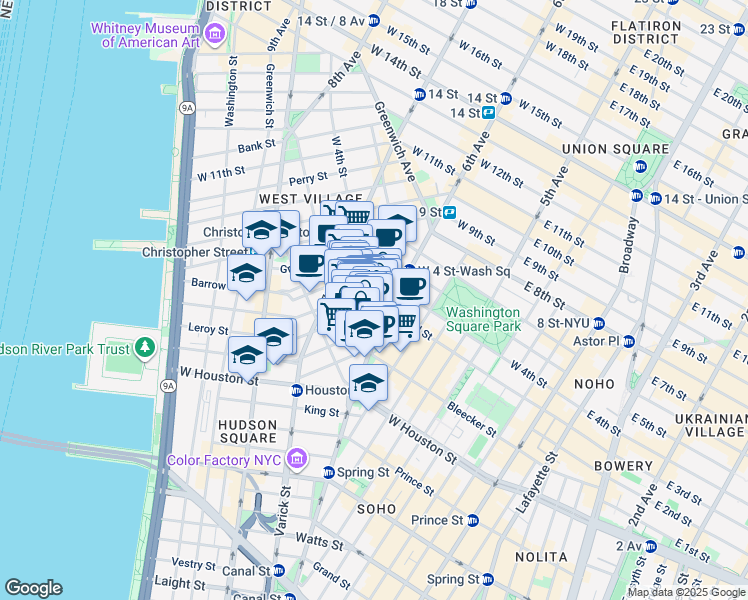map of restaurants, bars, coffee shops, grocery stores, and more near 249 Bleecker Street in New York