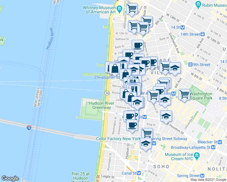 map of restaurants, bars, coffee shops, grocery stores, and more near 100 Morton Street in New York