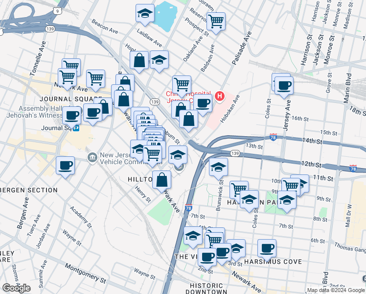 map of restaurants, bars, coffee shops, grocery stores, and more near in Jersey City