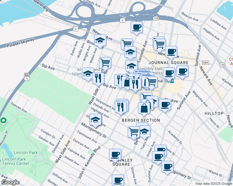 map of restaurants, bars, coffee shops, grocery stores, and more near 38 Romaine Avenue in Jersey City