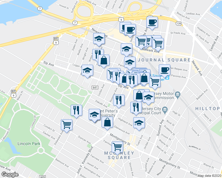 map of restaurants, bars, coffee shops, grocery stores, and more near 21 Van Wagenen Avenue in Jersey City