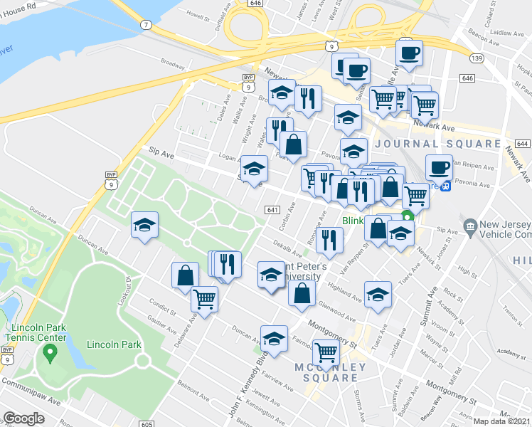 map of restaurants, bars, coffee shops, grocery stores, and more near 916 West Side Avenue in Jersey City