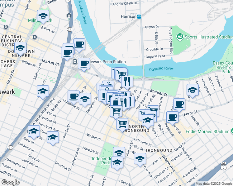 map of restaurants, bars, coffee shops, grocery stores, and more near 44 Monroe Street in Newark