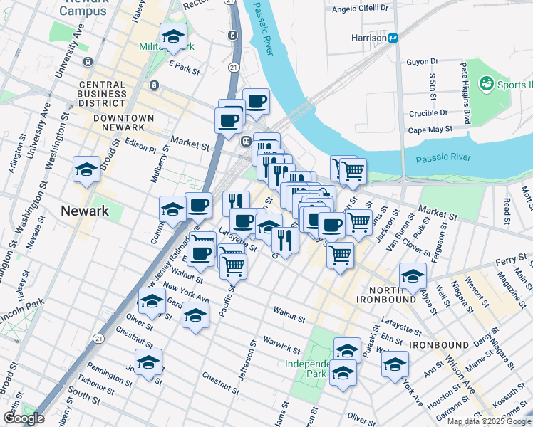 map of restaurants, bars, coffee shops, grocery stores, and more near in Newark