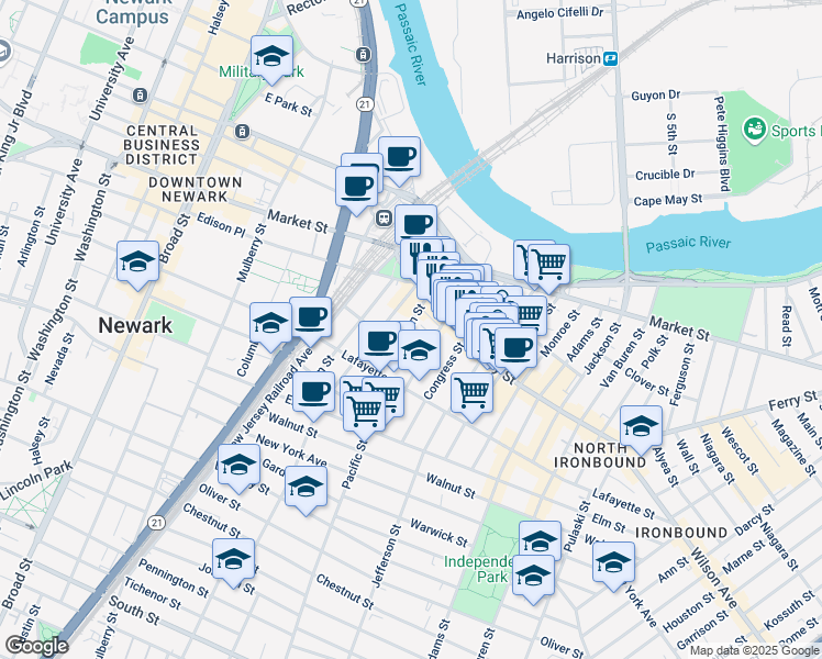 map of restaurants, bars, coffee shops, grocery stores, and more near in Newark