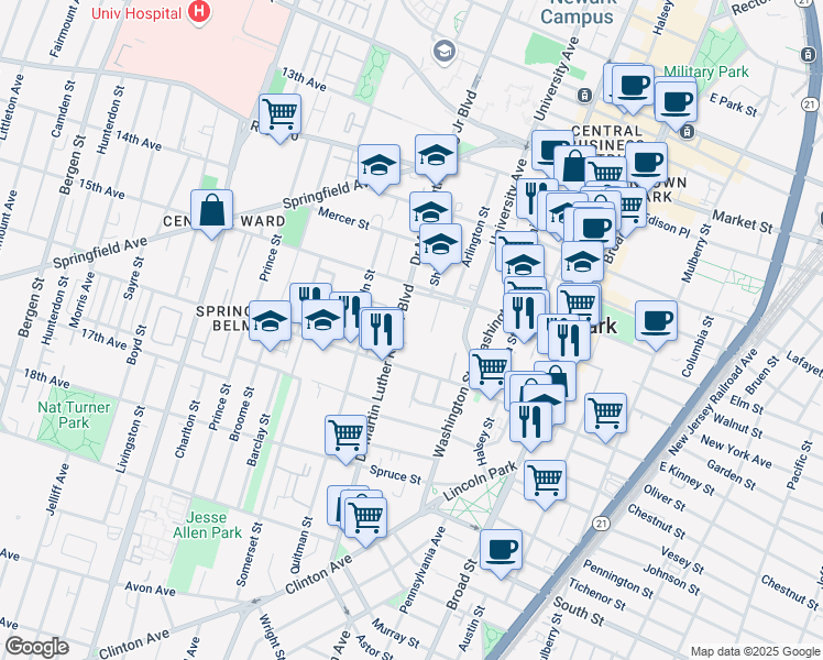 map of restaurants, bars, coffee shops, grocery stores, and more near 116 Baldwin Street in Newark