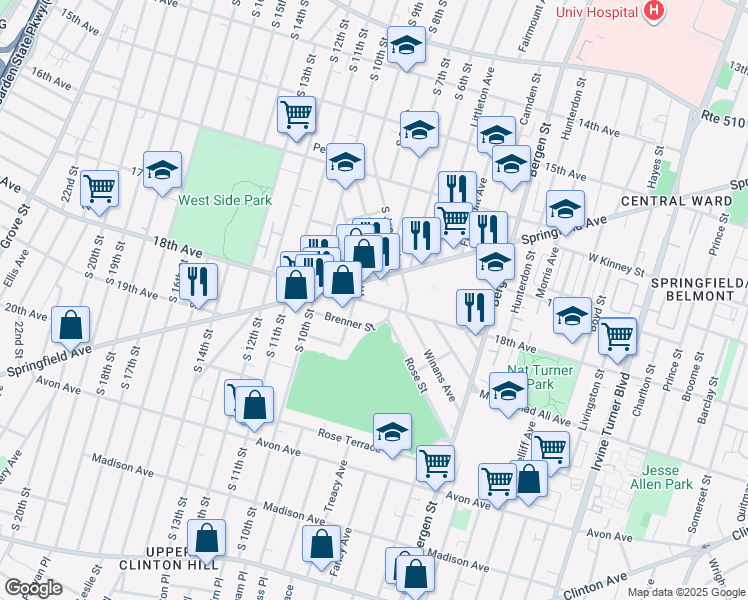 map of restaurants, bars, coffee shops, grocery stores, and more near 10 Kent Street in Newark