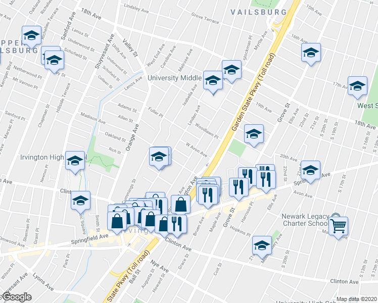 map of restaurants, bars, coffee shops, grocery stores, and more near 150 Myrtle Avenue in Irvington