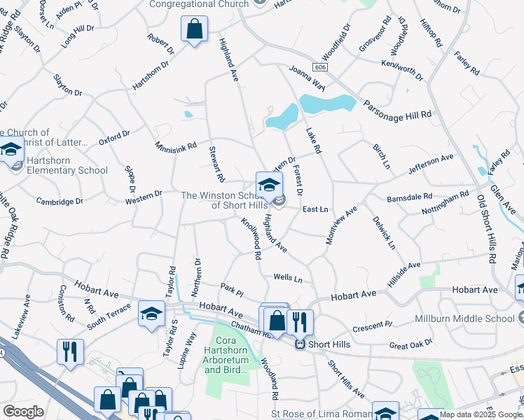 map of restaurants, bars, coffee shops, grocery stores, and more near 72 Knollwood Road in Essex County
