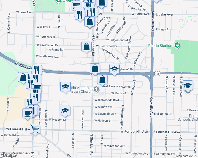 map of restaurants, bars, coffee shops, grocery stores, and more near 623 West Florence Avenue in Peoria