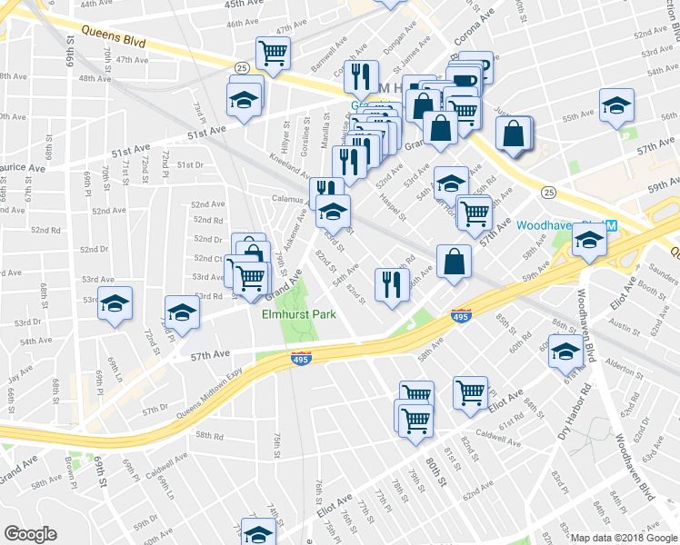 map of restaurants, bars, coffee shops, grocery stores, and more near 82-01 54th Avenue in Queens
