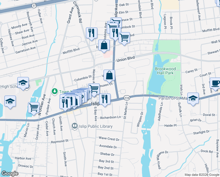map of restaurants, bars, coffee shops, grocery stores, and more near 46 Islip Avenue in Islip