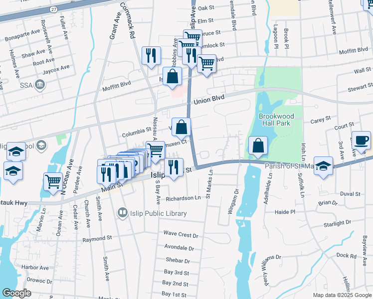 map of restaurants, bars, coffee shops, grocery stores, and more near 46 Islip Avenue in Islip