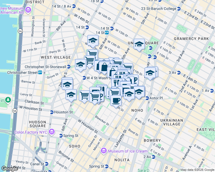 map of restaurants, bars, coffee shops, grocery stores, and more near 29 Washington Square North in New York
