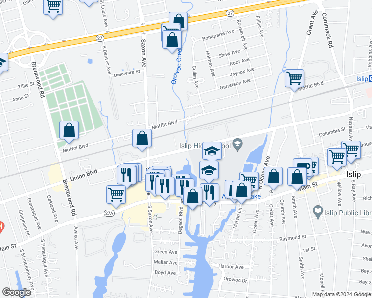 map of restaurants, bars, coffee shops, grocery stores, and more near 2397 Union Boulevard in Islip