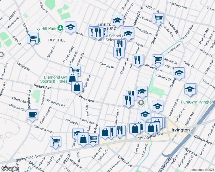 map of restaurants, bars, coffee shops, grocery stores, and more near 917 Sanford Avenue in Irvington
