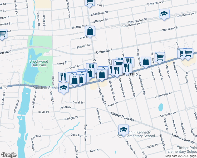 map of restaurants, bars, coffee shops, grocery stores, and more near 6 West Main Street in East Islip