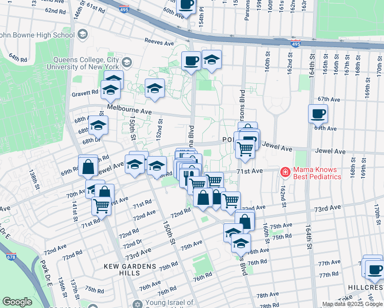 map of restaurants, bars, coffee shops, grocery stores, and more near 70-29 Kissena Boulevard in Queens