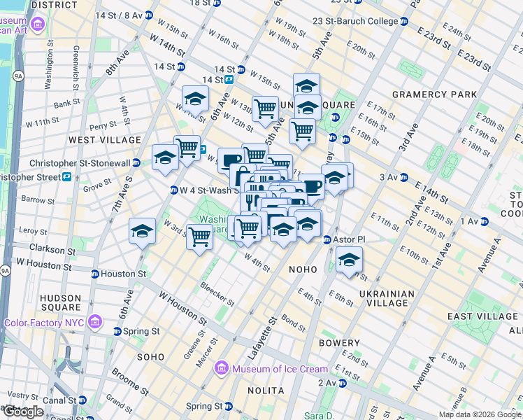 map of restaurants, bars, coffee shops, grocery stores, and more near 10 University Place in New York