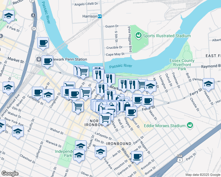 map of restaurants, bars, coffee shops, grocery stores, and more near in Newark